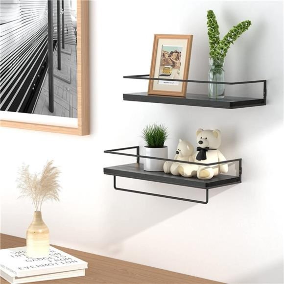 Floating Shelves for Wall Set of 2,Wall Mounted Storage Shelves with Black Metal - Picture 5 of 5
